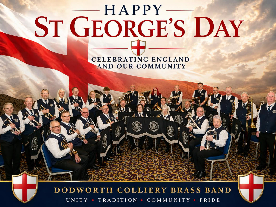 Image of Dodworth Colliery Band sat in front of a St' Georges Day Flag combined with a dramatic sky.