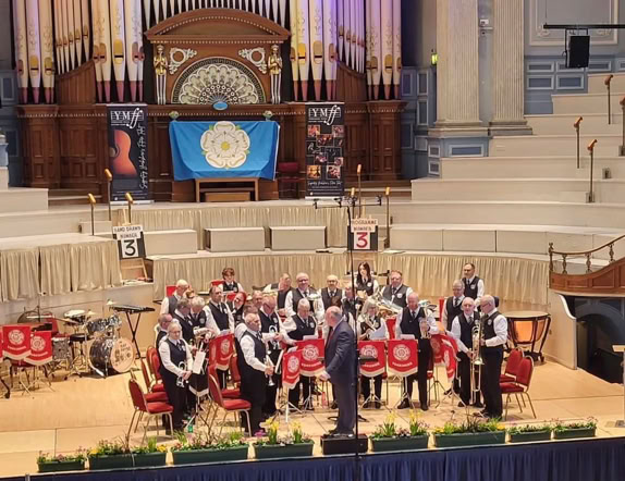 Photo of Dodworth Colliery Brass Band at the Regional Brass Band Finals held at Huddersfield Town Hall.